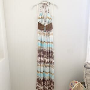 Elegant Blue and Brown Maxi Dress